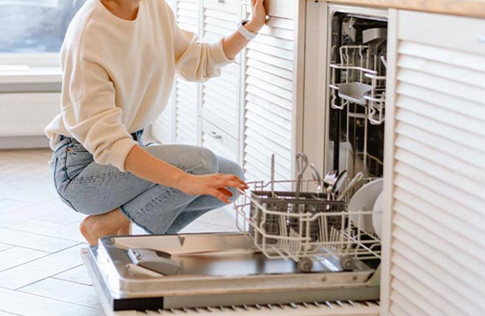 girl cleaning dishwasher overflow