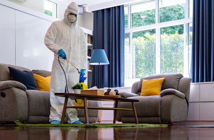 man in protective suit disinfection from covid-19 at senior living room