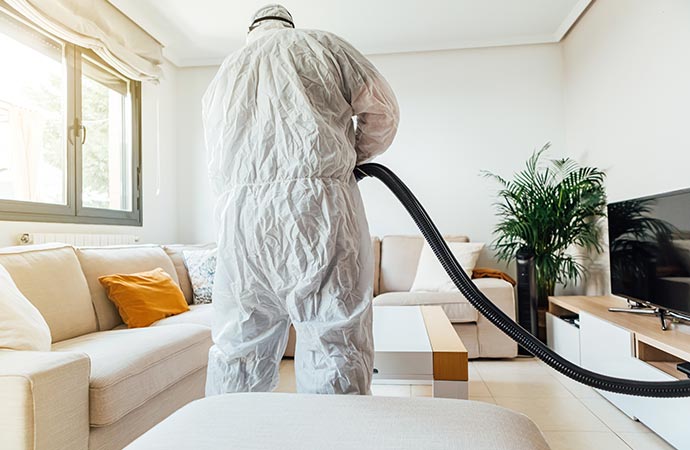 man wearing protective suit disinfecting the living room of a house