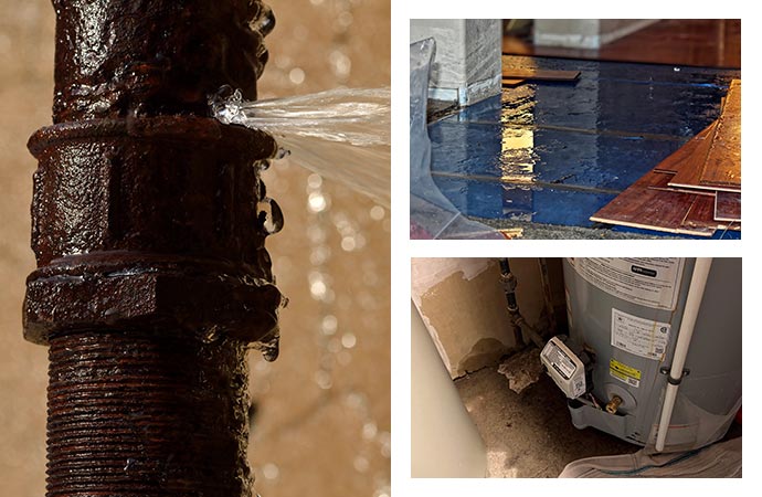 Water damage from floor leaks and appliance malfunctions.